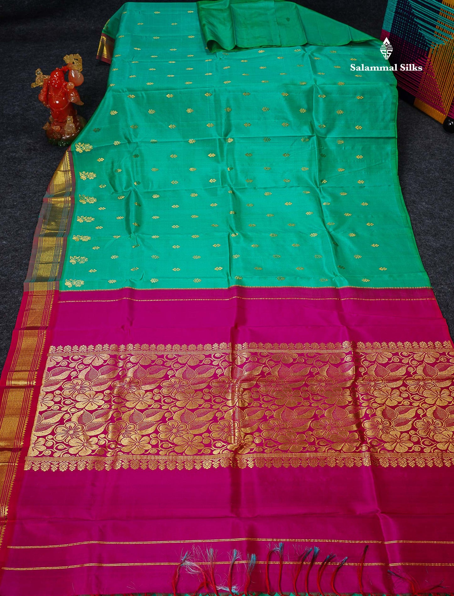 One Side Border Pure Silk Saree - Sapphire Green Zari Butta With Contrast Tomato Red Traditional Border