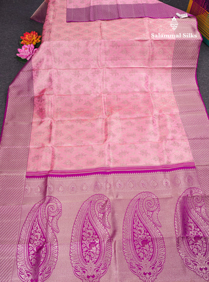 Baby Pink Bridal Pure Kanjivaram Silk Saree With Contrast Purple Border