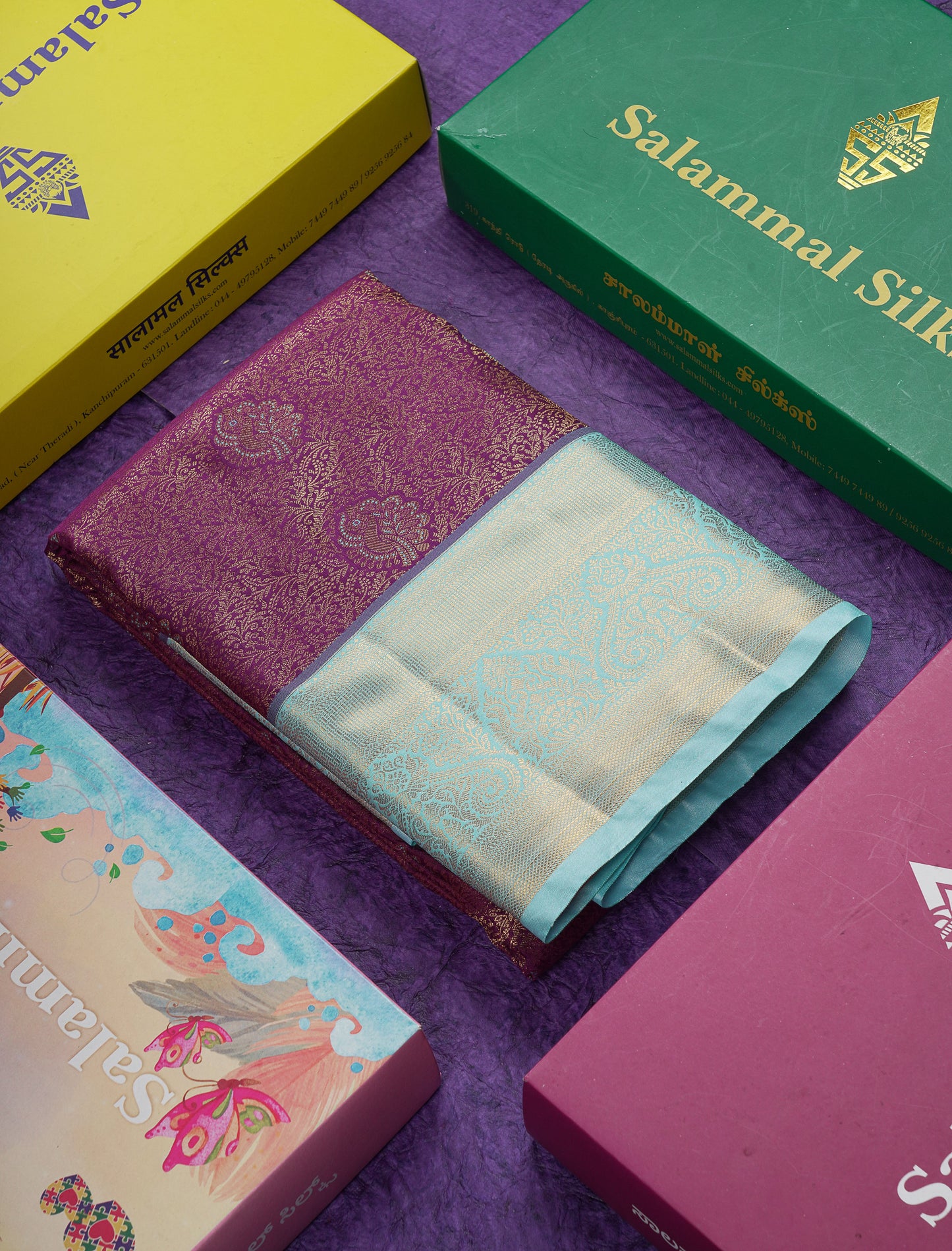Beautiful Violet Bridal Semi Silk Saree With Contrast Rexona Green Border