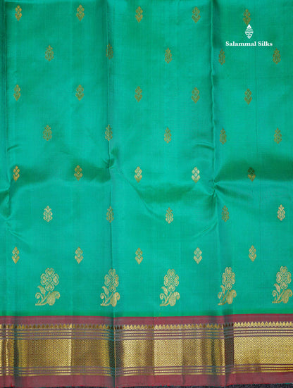 One Side Border Pure Silk Saree - Sapphire Green Zari Butta With Contrast Tomato Red Traditional Border