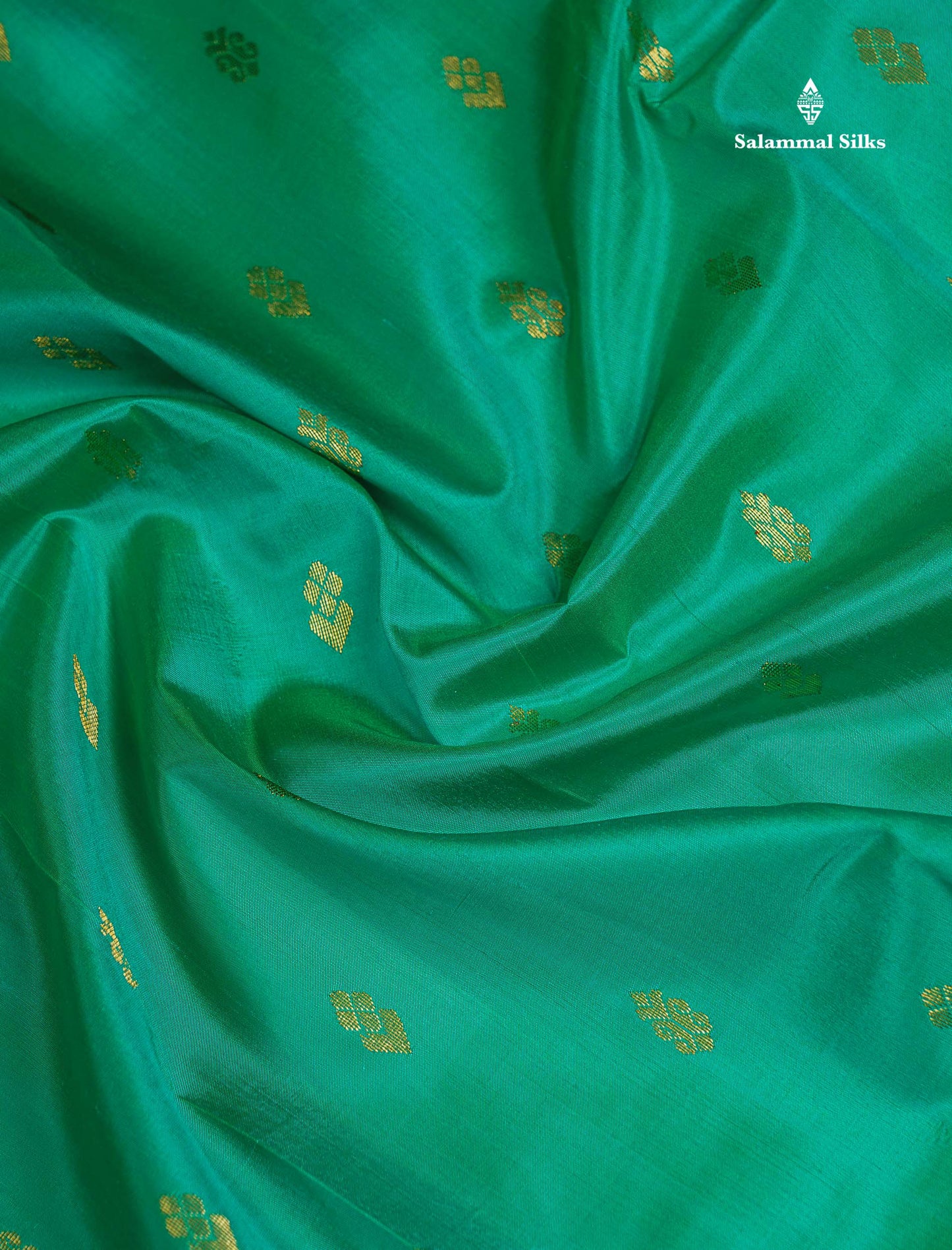 One Side Border Pure Silk Saree - Sapphire Green Zari Butta With Contrast Tomato Red Traditional Border
