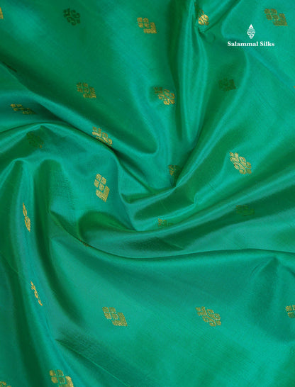 One Side Border Pure Silk Saree - Sapphire Green Zari Butta With Contrast Tomato Red Traditional Border