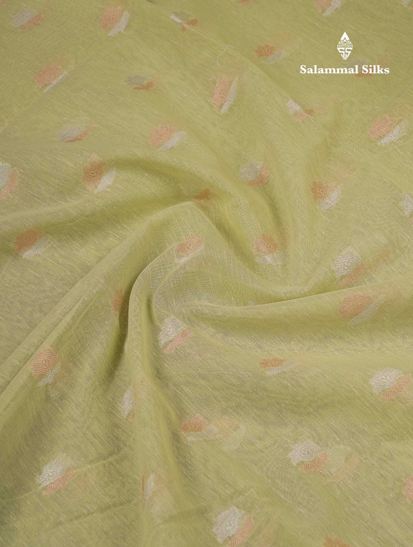 Beautiful Elaichi Green Silver And Copper Zari Buttas Linen Mix Cotton Fancy Saree With Tarditional Border