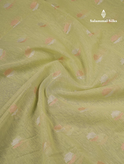 Beautiful Elaichi Green Silver And Copper Zari Buttas Linen Mix Cotton Fancy Saree With Tarditional Border