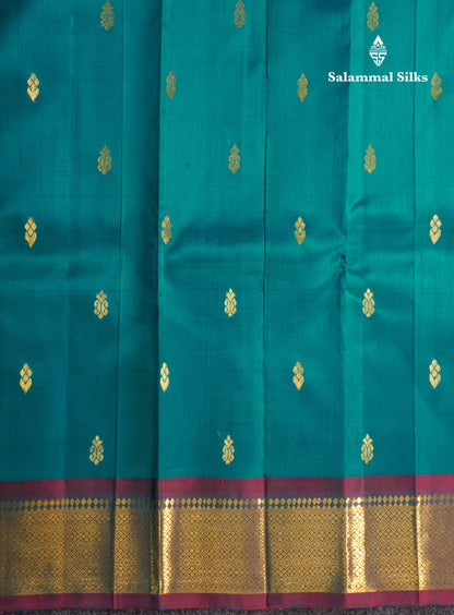Dual Tone Green Pure Kanjivaram Silk Saree With Contrast Maroon One Side Border