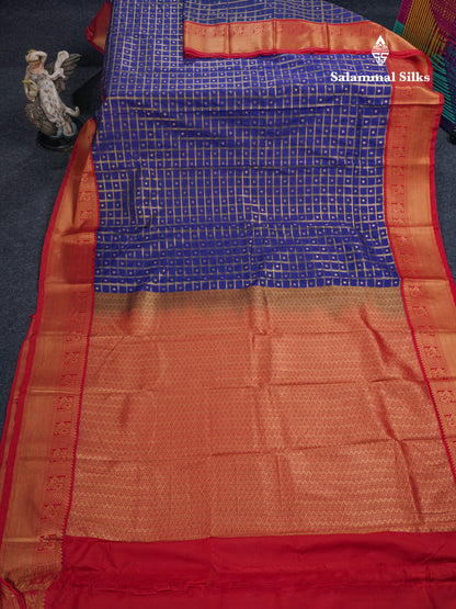Bottle Green 1000 Buttas And Zari Checks Semi Silk Saree With Contrast Red Traditional Border