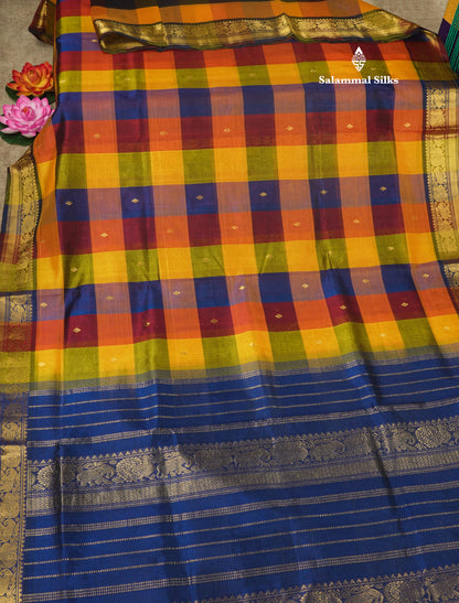 Multicolour Paalum Pazham Checks Pure Silk Cotton Saree With Traditional Gold Zari Border