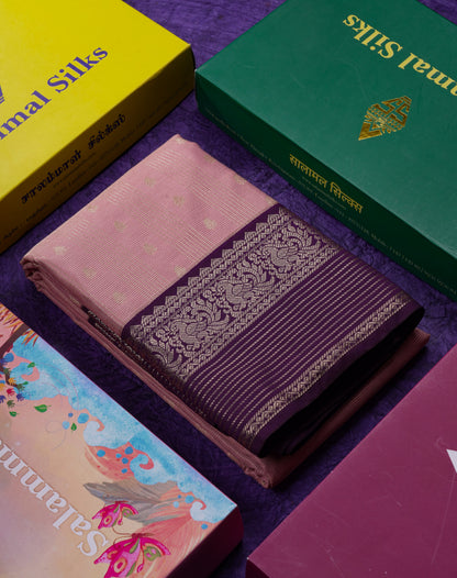 Beautiful Peach Semi Silk Saree With Contrast Dark Magenta Traditional Border