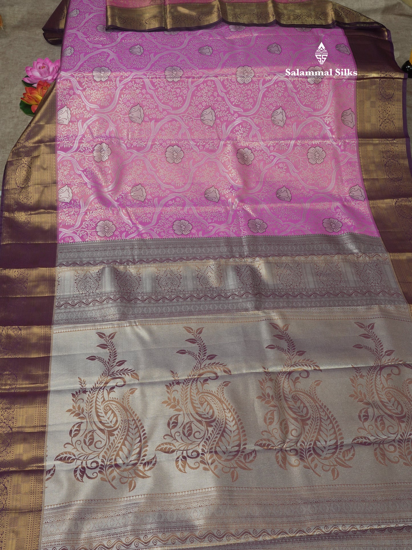 Light Pink Tissue Bridal Semi Silk Saree With Contrast Magenta Border