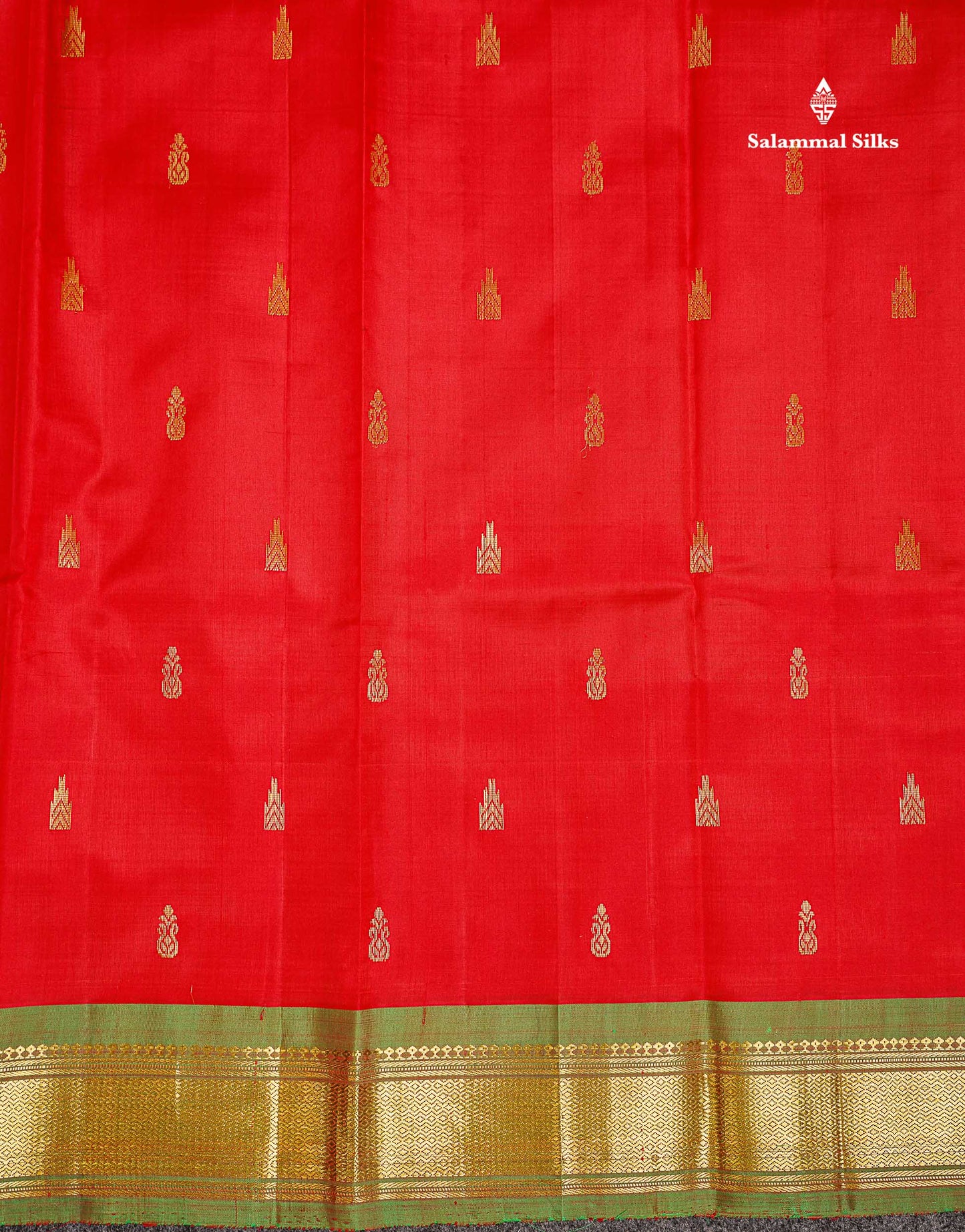 One Side Border Pure Silk Saree - Chilly Red Zari Butta With Contrast Dual Tone Green Traditional Border