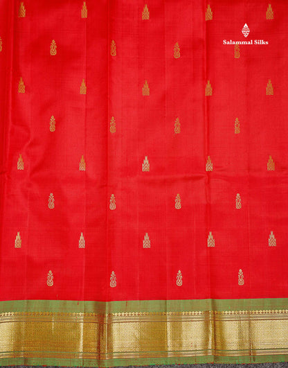 One Side Border Pure Silk Saree - Chilly Red Zari Butta With Contrast Dual Tone Green Traditional Border