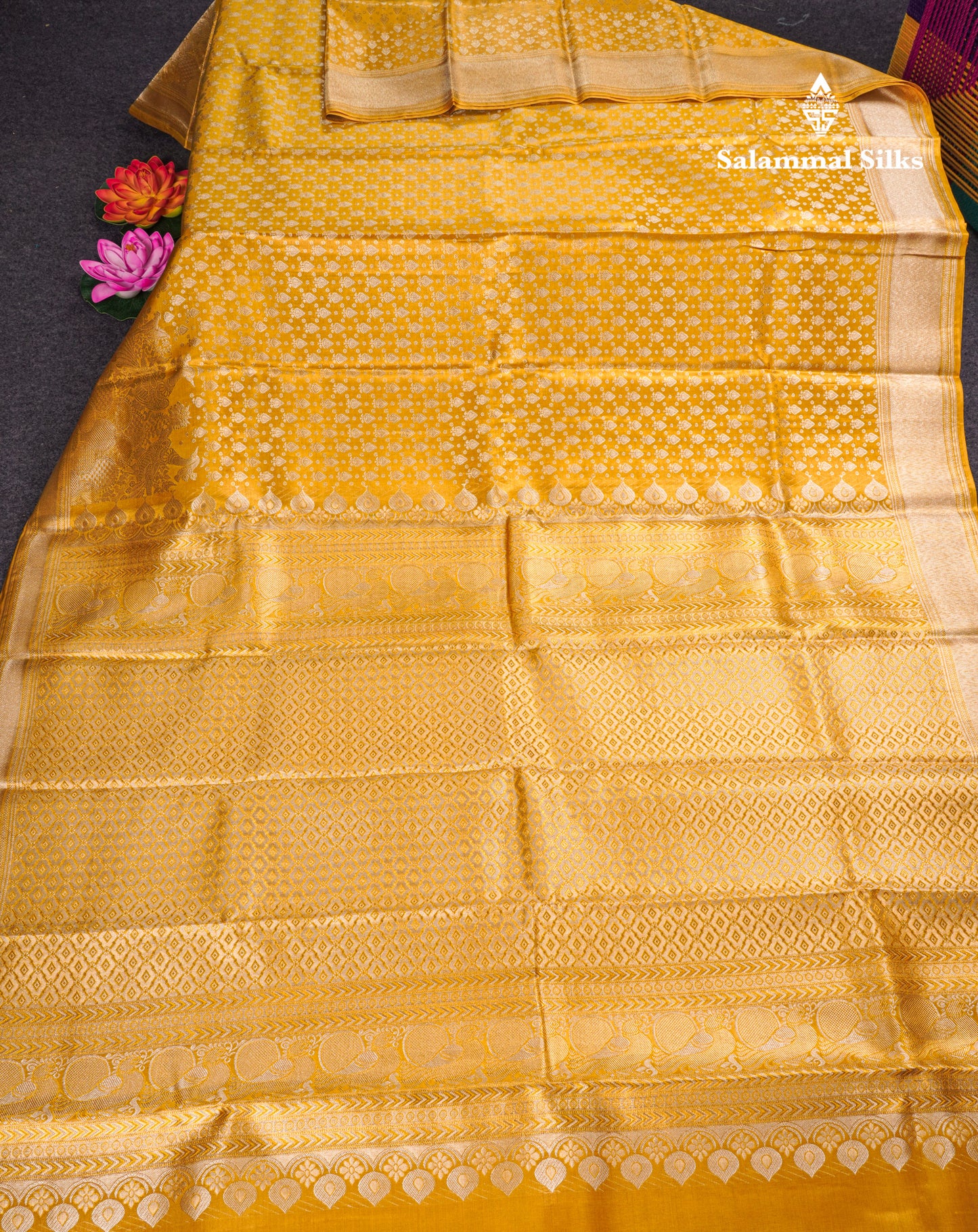 Gold Colour Tissue Bridal Pure Kanjivaram Silk Saree With Fancy Turning Border