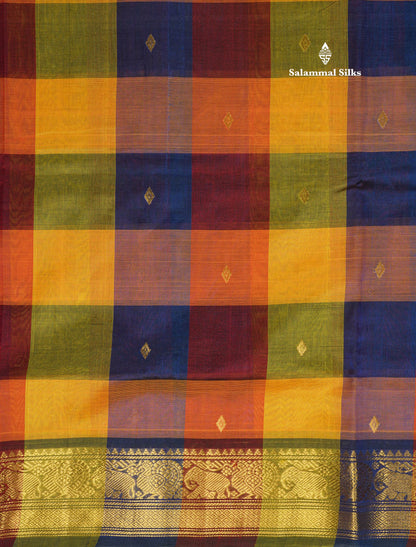 Multicolour Paalum Pazham Checks Pure Silk Cotton Saree With Traditional Gold Zari Border