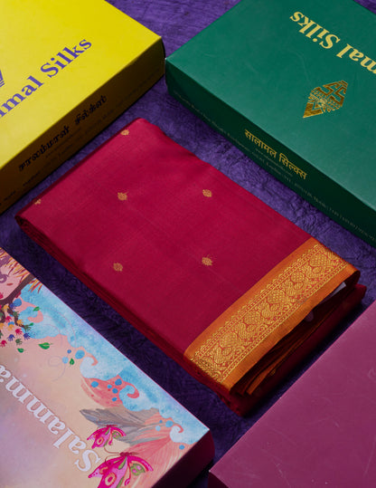 Beautiful Dark Maroon Pure Kanjivaram Silk Saree With Contrast Mustard Yellow Small Traditional Border
