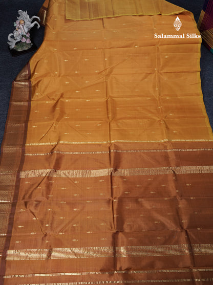 Mustard Yellow Pure Kanjivaram Silk Saree With Contrast Brown One Side Border