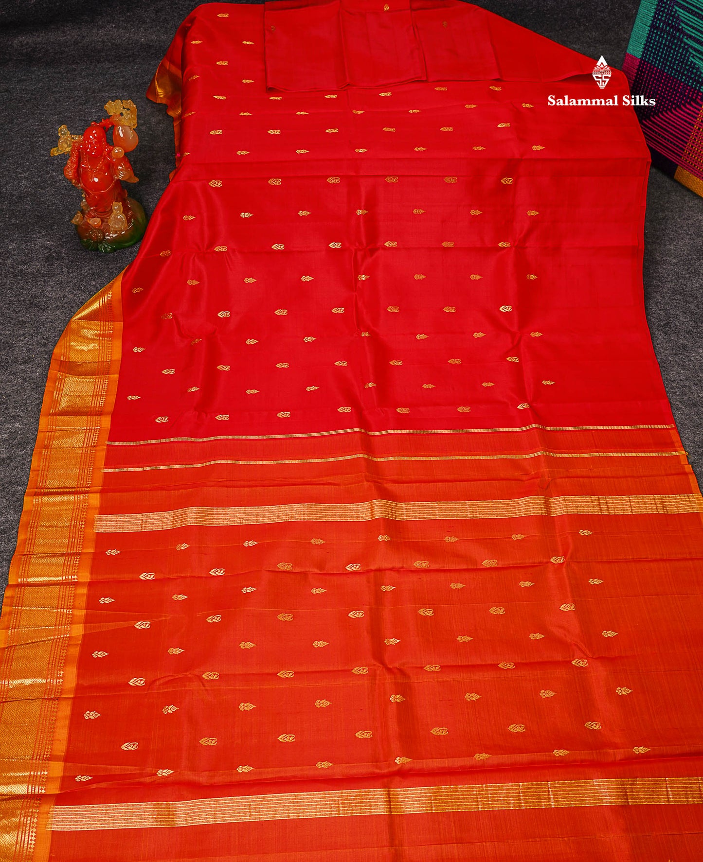 One Side Border Pure Silk Saree - Chilly Red Zari Butta With Contrast Mustard Yellow Traditional Border