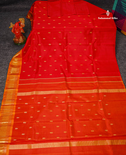 One Side Border Pure Silk Saree - Chilly Red Zari Butta With Contrast Mustard Yellow Traditional Border