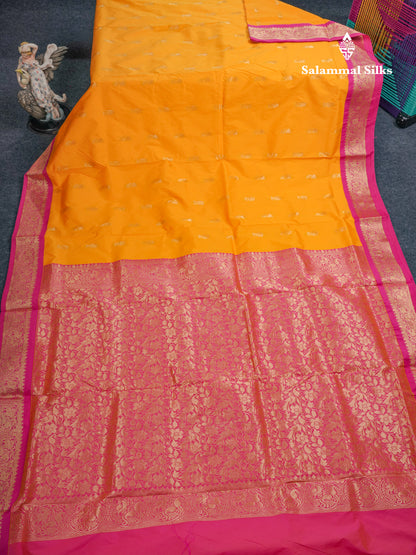 9 Yards Semi Silk Saree Mango Yellow With Contrast Pink Border