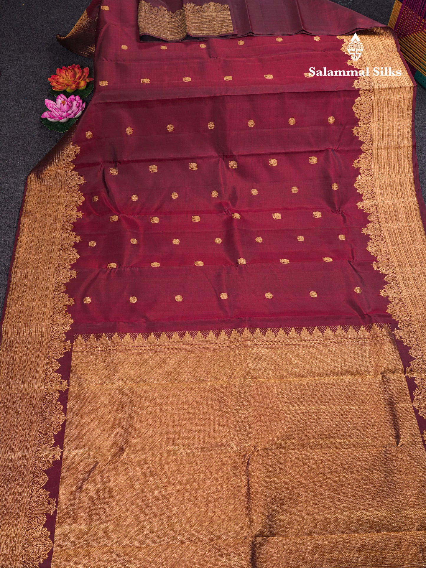 Dark Maroon Pure Kanjivaram Silk Saree With Traditional Self Border