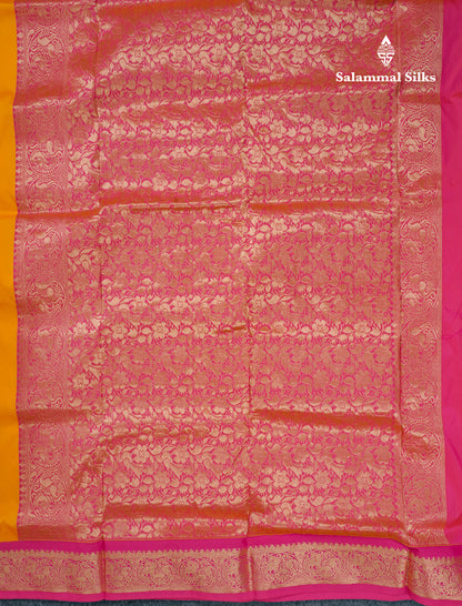 9 Yards Semi Silk Saree Mango Yellow With Contrast Pink Border