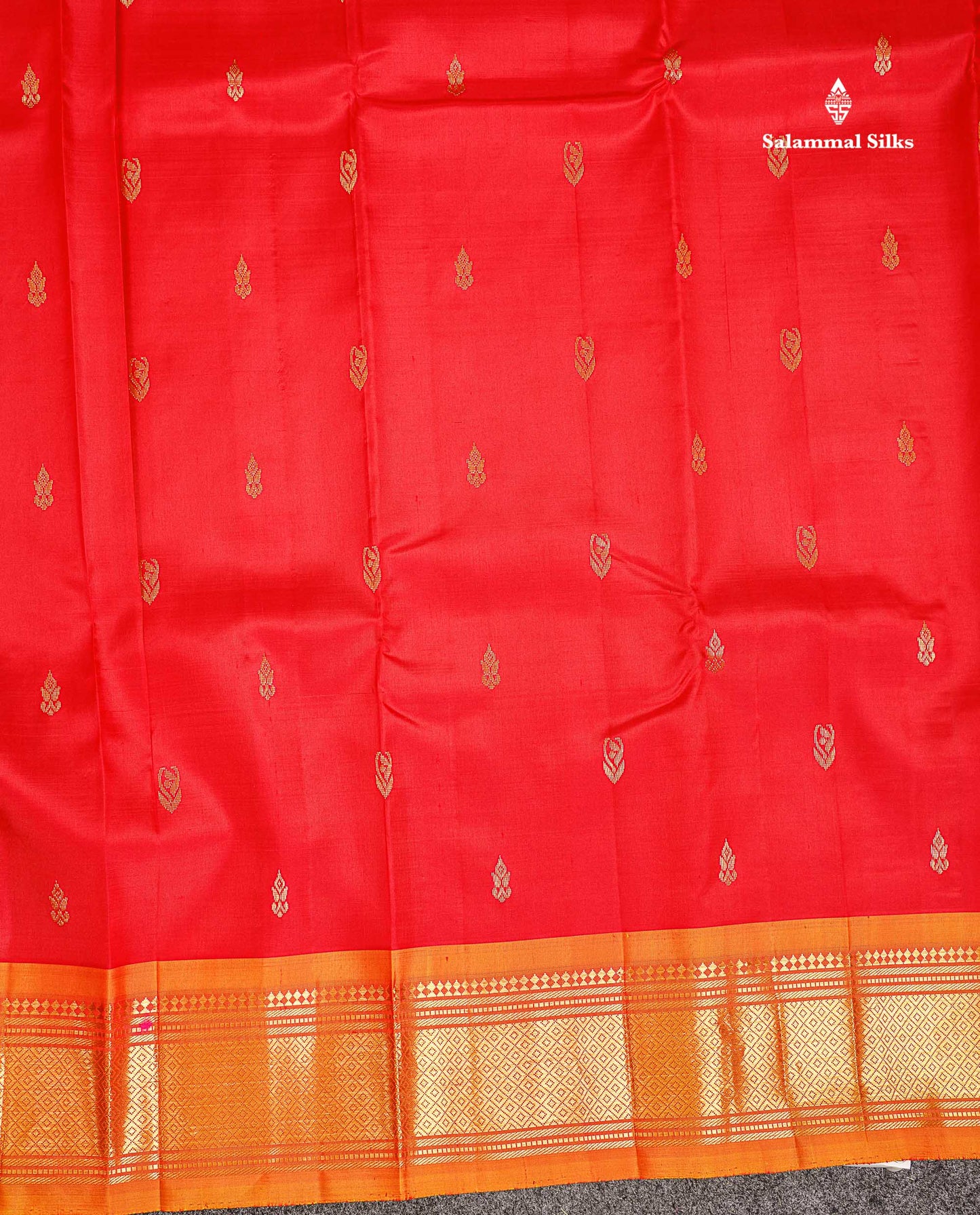 One Side Border Pure Silk Saree - Chilly Red Zari Butta With Contrast Mustard Yellow Traditional Border