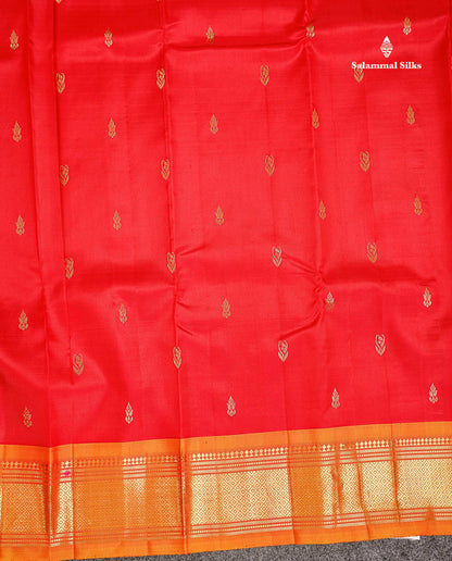 One Side Border Pure Silk Saree - Chilly Red Zari Butta With Contrast Mustard Yellow Traditional Border
