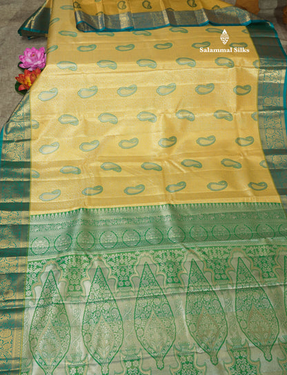 Light Green Tissue Bridal Semi Silk Saree With Contrast Magenta Border