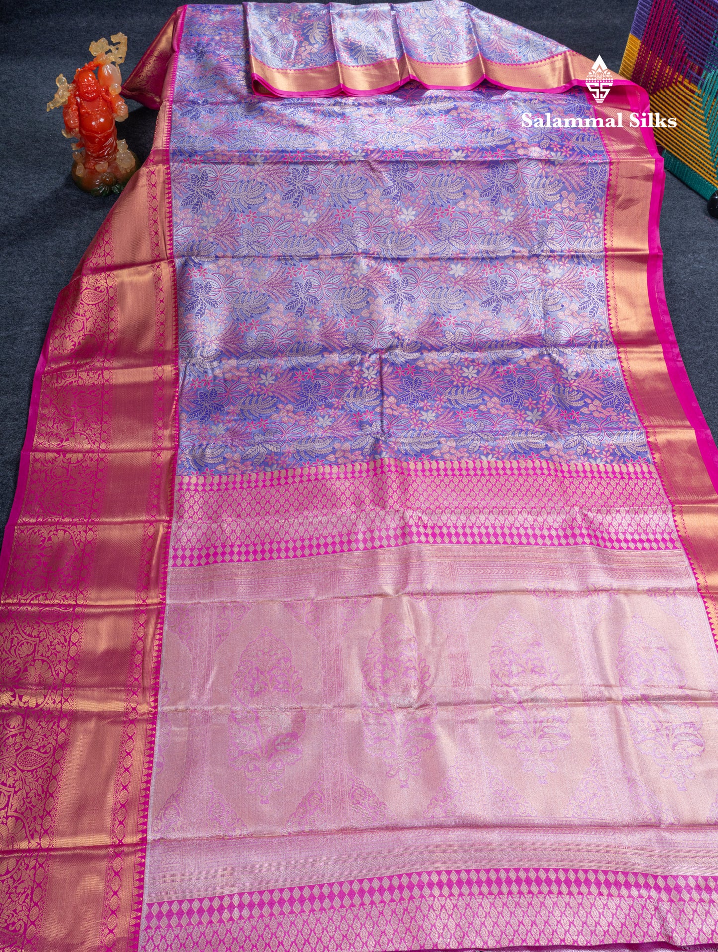 Violet Bridal Tissue Semi Silk Saree With Contrast Pink Traditional Evening Morning Border