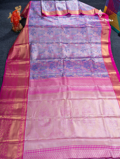 Violet Bridal Tissue Semi Silk Saree With Contrast Pink Traditional Evening Morning Border