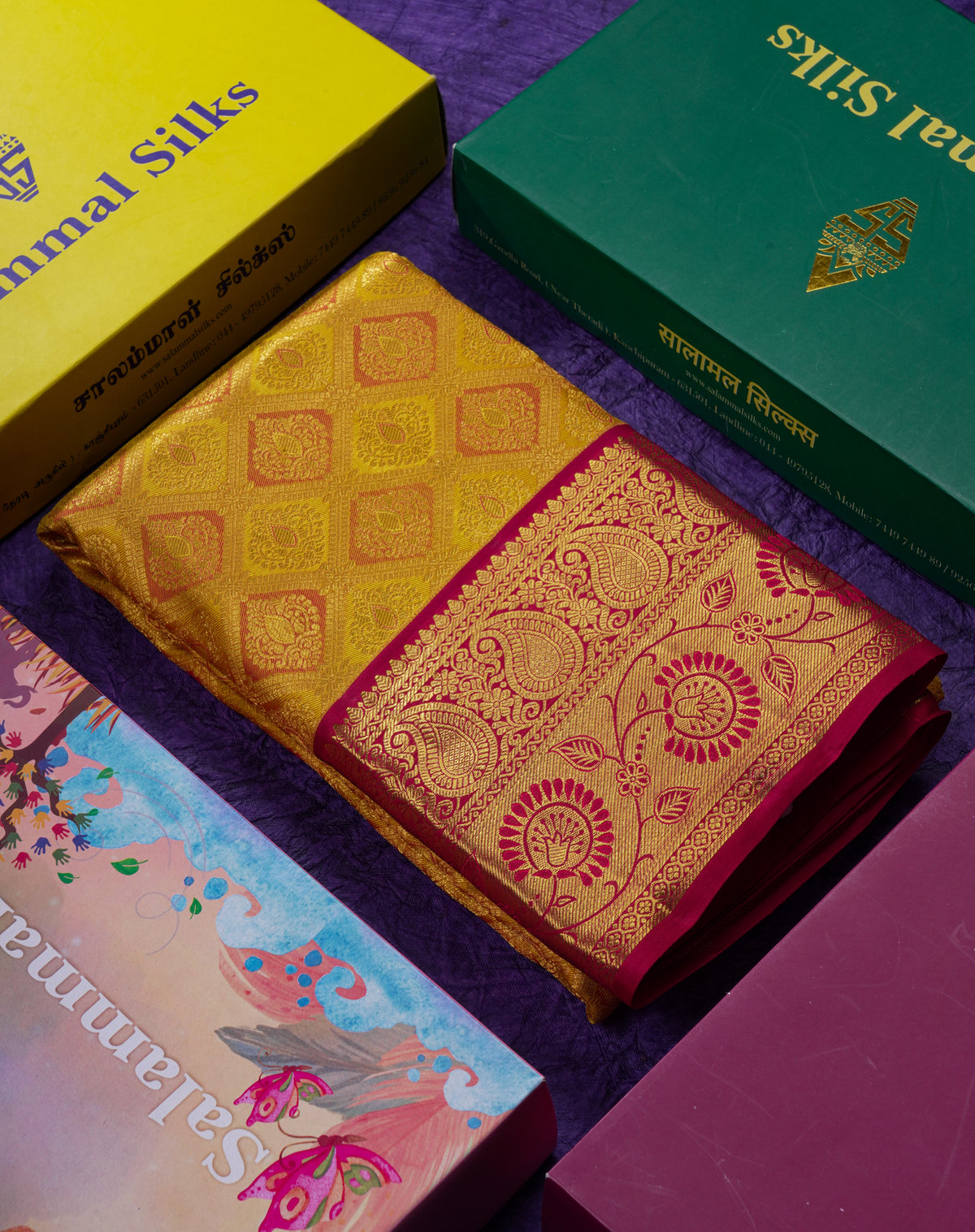 Beautiful Mustard Yellow Bridal Pure Kanjivaram Silk Saree With Contrast Reddish Maroon Traditional Border