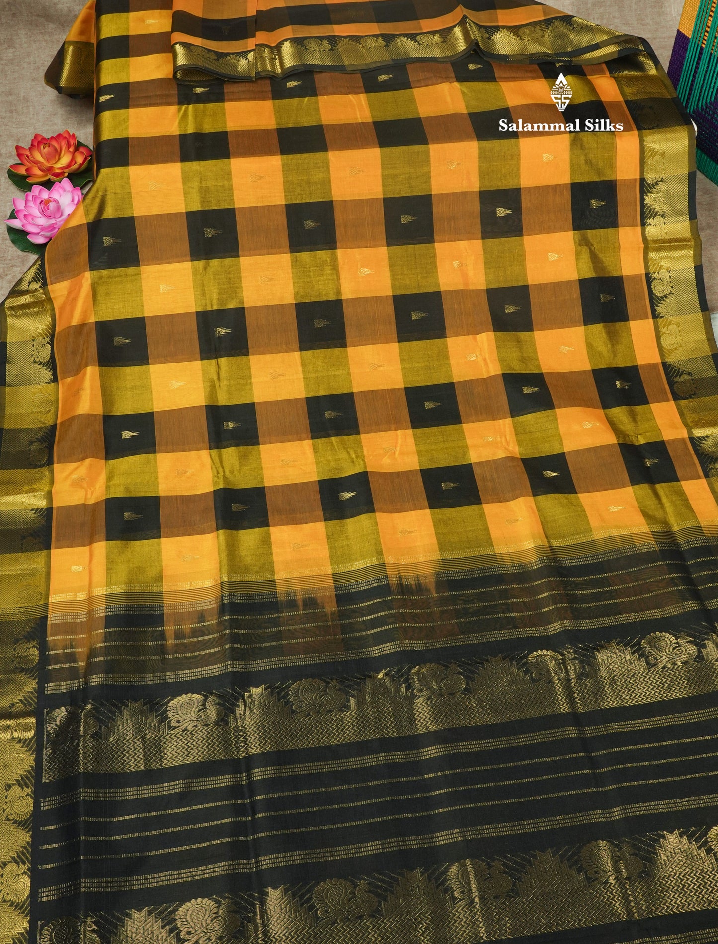 Paalum Pazham Checks Pure Silk Cotton Saree With Contrast Black Traditional Border
