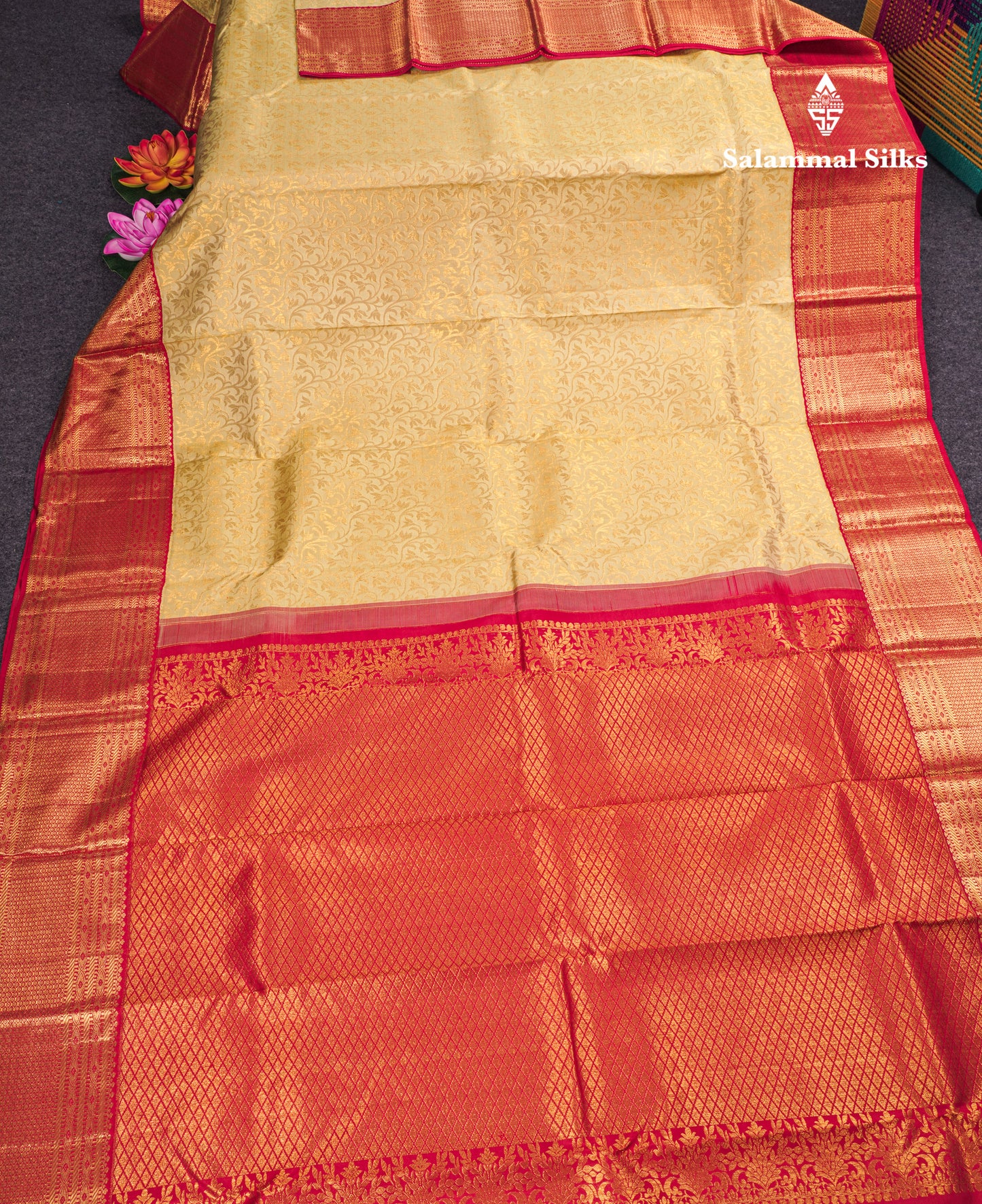 Korvai Sandal Bridal Pure Kanjivaram Silk Saree With Contrast Red Border