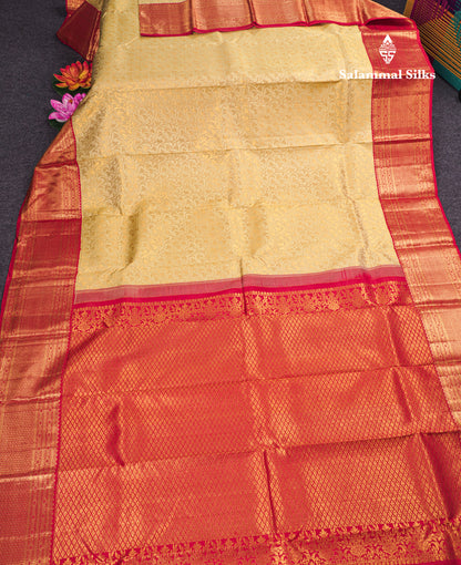 Korvai Sandal Bridal Pure Kanjivaram Silk Saree With Contrast Red Border
