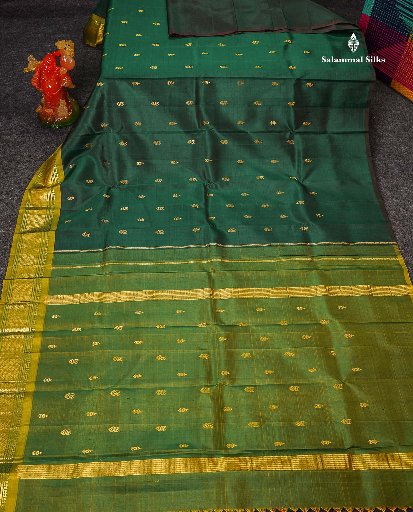 One Side Border Pure Silk Saree - Dual Tone Bottle Green Zari Butta With Contrast Manthulir Yellow Traditional Border