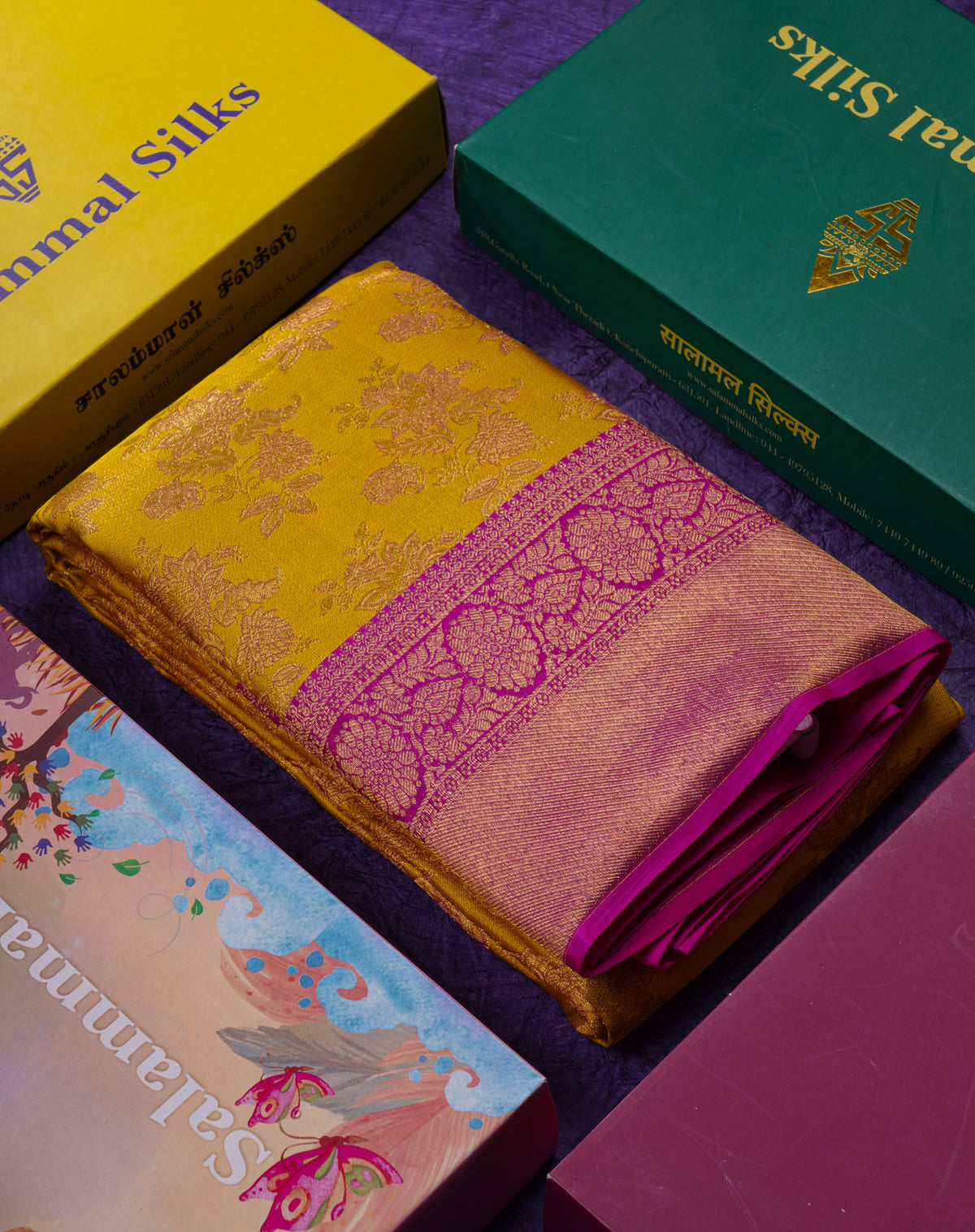 Beautiful Yellow Bridal Pure Kanjivaram Silk Saree With Contrast Magenta Pink Border