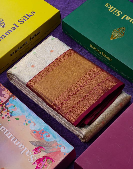 Beautiful Light Rexona Tissue Menakari Work Bridal 2G Pure Kanjivaram Silk Saree With Contrast Dark Maroon Traditional Border