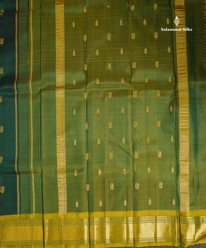 One Side Border Pure Silk Saree - Dual Tone Bottle Green Zari Butta With Contrast Manthulir Yellow Traditional Border
