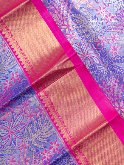 Violet Bridal Tissue Semi Silk Saree With Contrast Pink Traditional Evening Morning Border