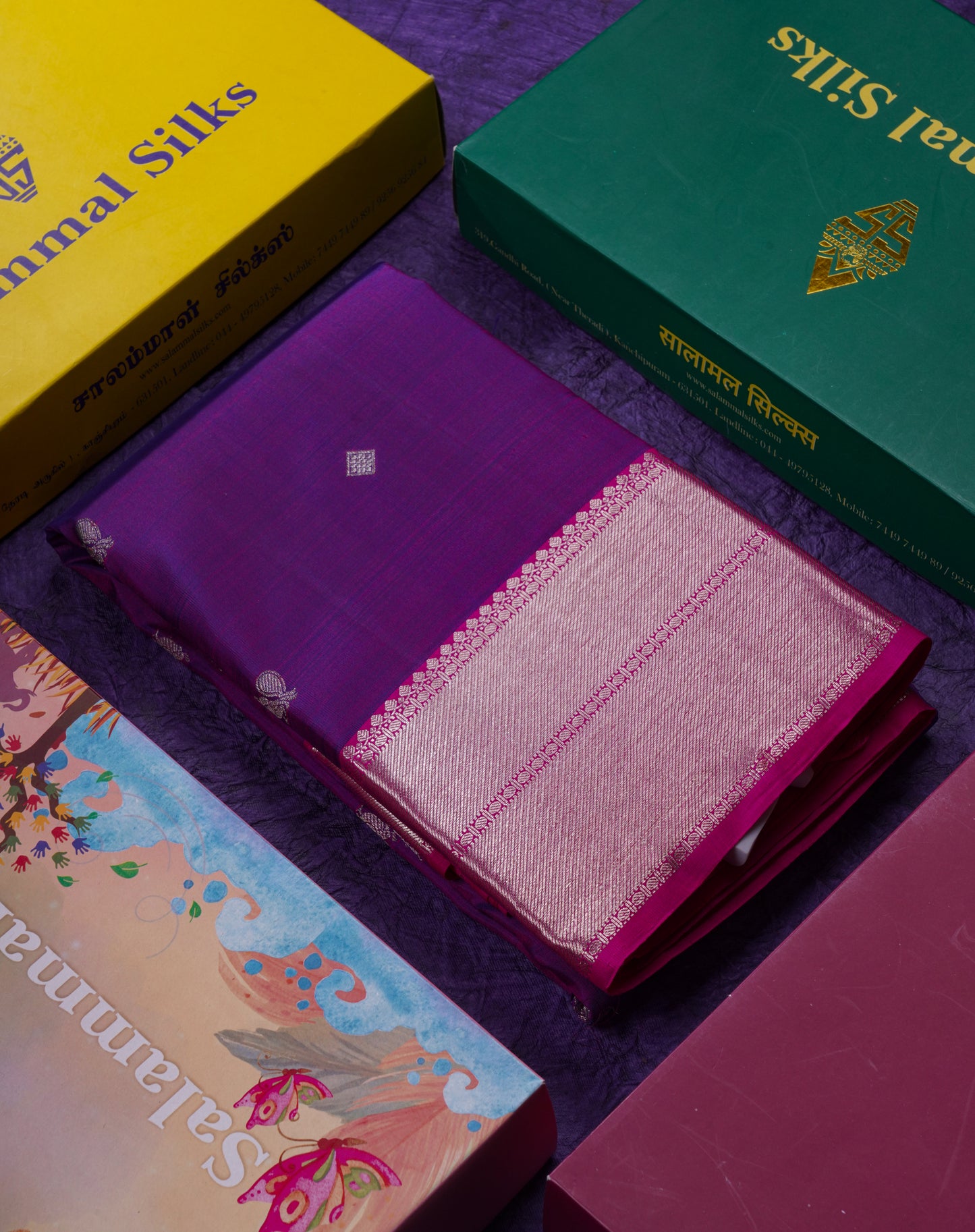 Beautiful Dual Tone Violet Pure Kanjivaram Silk Saree With Contrast Pink Traditional Evening Morning Border