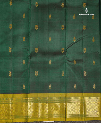 One Side Border Pure Silk Saree - Dual Tone Bottle Green Zari Butta With Contrast Manthulir Yellow Traditional Border