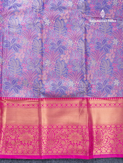 Violet Bridal Tissue Semi Silk Saree With Contrast Pink Traditional Evening Morning Border