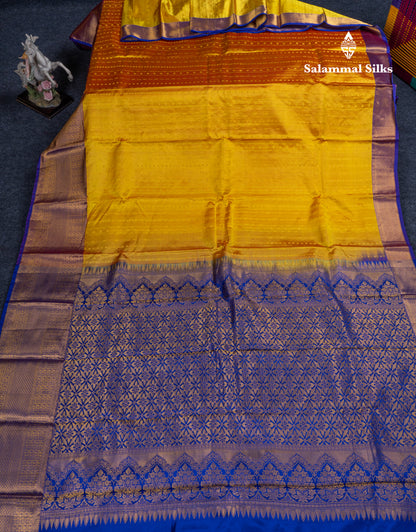 Mustard Yellow Puremix Silk Saree With Contrast Royal Blue Traditional Evenving Morning Border