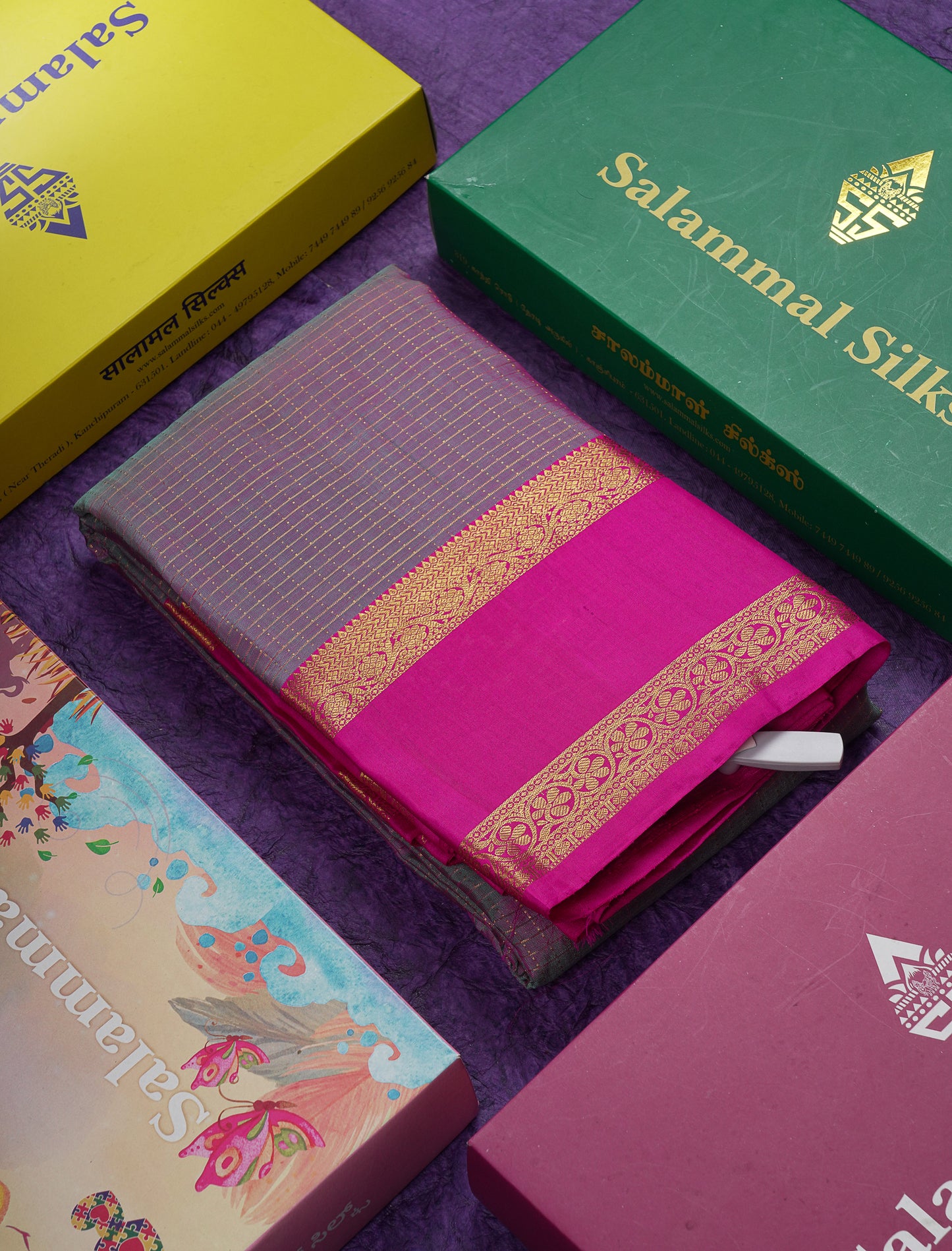 Beautiful Dual Tone Violet Small Zari Checks Pure Kanjivaram Silk Saree With Contrast Pink Gap Border