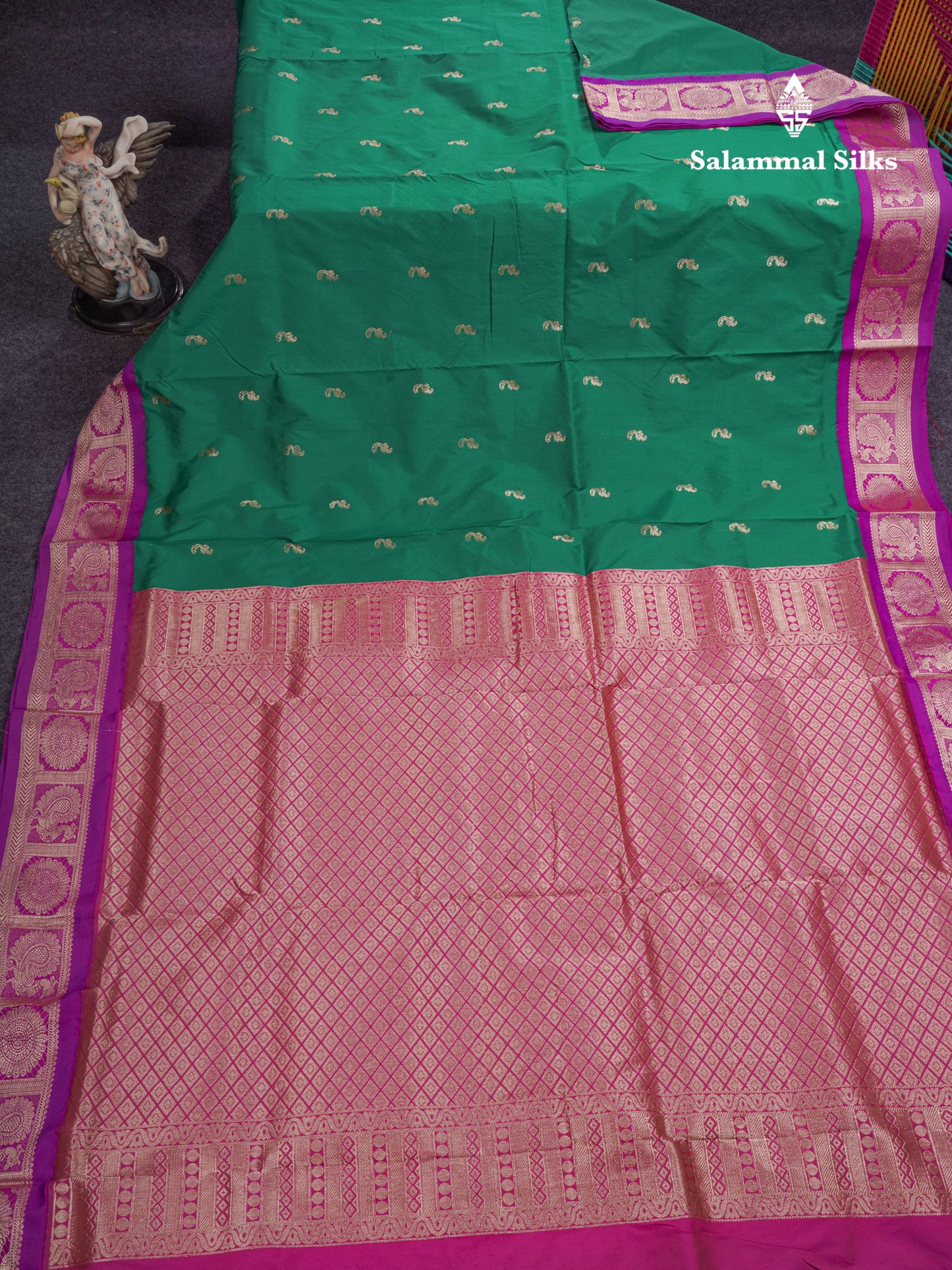 9.5 Yards Semi Silk Saree Green with Contrast Purple Traditional Border