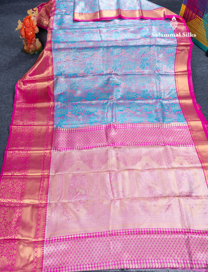 Violet Bridal Tissue Semi Silk Saree With Contrast Pink Traditional Evening Morning Border