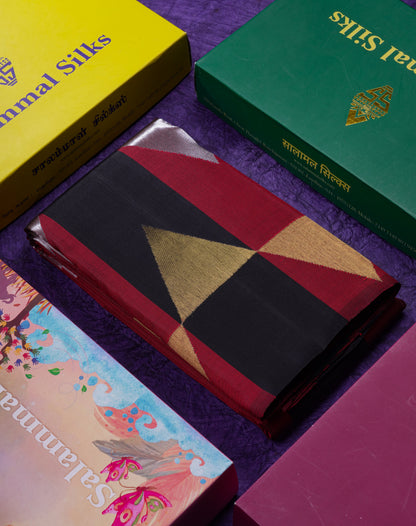 Beautiful Black And Maroon Stripes 8Kol Gold & Silver Butta Pure Zari Kanjivaram Silk Saree With Contrast Black Blouse