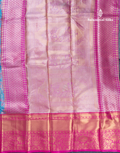 Violet Bridal Tissue Semi Silk Saree With Contrast Pink Traditional Evening Morning Border