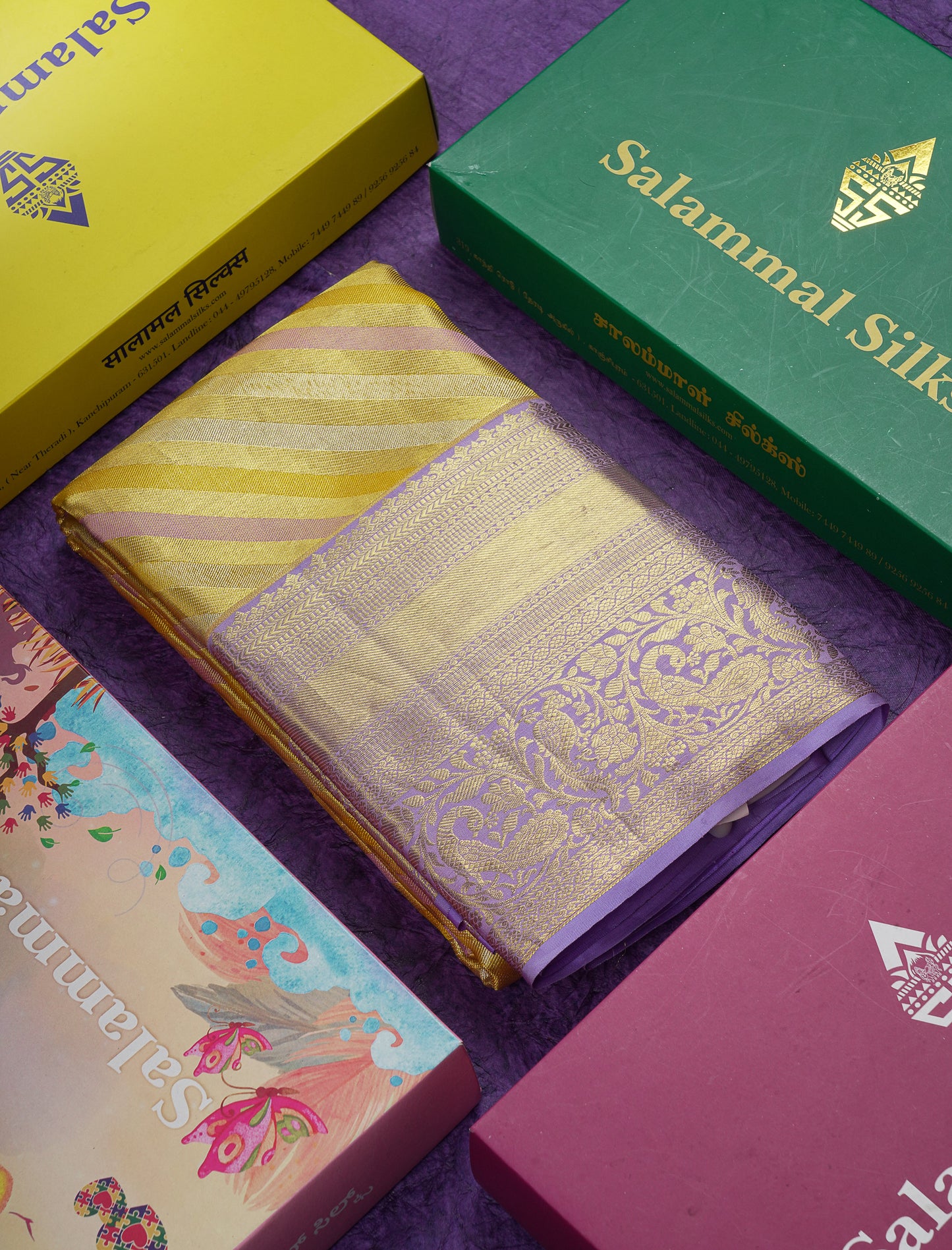 Beautiful Gold Tissue Pure Kanjivaram Silk Saree With Contrast Lavender Traditional Evening Morning Border