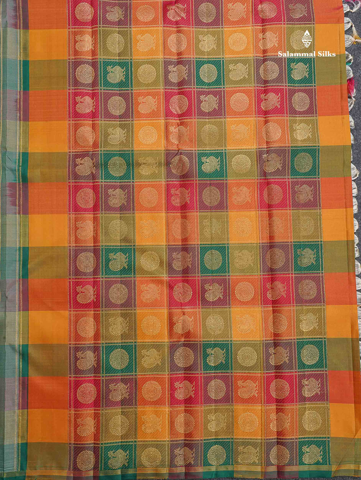 Pure Kanjivaram Silk Saree - Cream Colour Body With Zari Butta & Paalum Pazham Checks Blouse