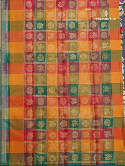 Pure Kanjivaram Silk Saree - Cream Colour Body With Zari Butta & Paalum Pazham Checks Blouse